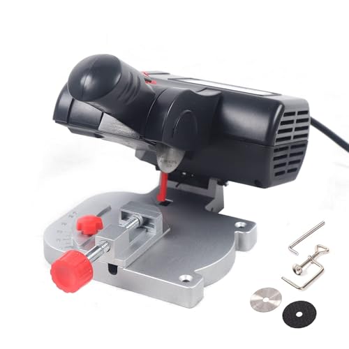 POGOAO Mini Cut Off Machine, 60W Portable Mitre Saw with 2 Saw Blade and Clamping Tool, 0-45° Angle Adjustable, 4000RPM Electric Table Saw, Mini Table Saw for Wood Metal Plastic Stone Cutting