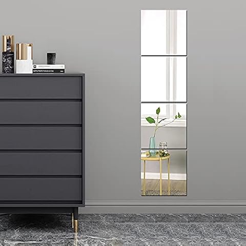 Full Body Wall Mirrors, 4pcs 12"x12" Acrylic Plexiglass Mirror Wall-Mounted Full Length Frameless Mirror Hanging Door Large Long Mirror Home Workout Gym Mirror for Walls Dorm Floor Tile Self Adhesive Cover