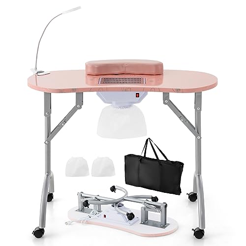 S AFSTAR Portable Nail Table, 35' Foldable Manicure Table with Electric Dust Collector, Bendable LED...
