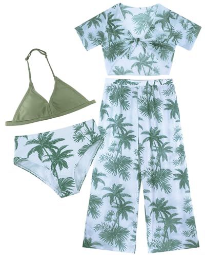 Image of Happy Cherry Girl's 4PCS Swimsuits Tropical Print Halter Bikini Set Bathing Suits with Kimono and Cover Up Pant Boho Swimwear