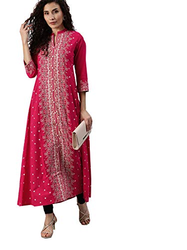Image of ishin Women's Cotton Regular Fit Anarkali Embellished Beads and Stones Floral Print Kurti
