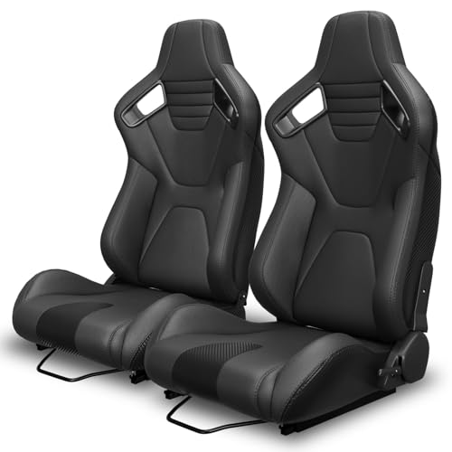 Universal Racing Seats Bucket Seats Adjustable Carbon Back Car Seats 1 Pair Reclinable Sport Seats with Dual Lock Sliders PVC Leather