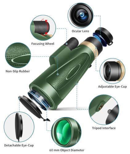 Image of Monocular Telescope 12X60 HD High Power with Smartphone Adapter Tripod Larger Vision Monoculars for Adults with BAK4 Prism & FMC Lens Suitable for Bird Watching Hiking Camping Wildlife-Green
