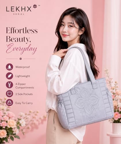 Image of LX LEKHX Tote Bag for Women | Lightweight Shoulder Handbag with 2 Main Zip Compartments & Multiple Pockets | Water Resistant Polyester Fabric | Office, Travel & Daily Use