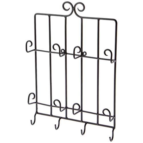 Bard's Black Wrought Iron Wall Mounted 4 Cup And 4 Saucer Display Hanger, 15.75" H X 11.5" W X 2" D (For 6" Saucers) #TOP17