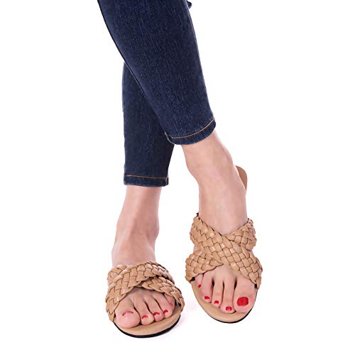 Mtzyoa Women Crossover Sandals Flat Braided Nude Slides Leather Comfort Size 8 Handmade Weave Dressy Wedding Summer #TOP3