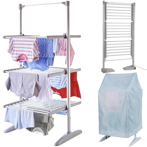 HomeVibe 3-Tier Electric Heated Clothes Airer with Foldable Design & Cover – 300W Energy Efficient Indoor Dryer Rack, Lightweight, Large Drying Space, Ideal for Laundry, Towels & Bedding