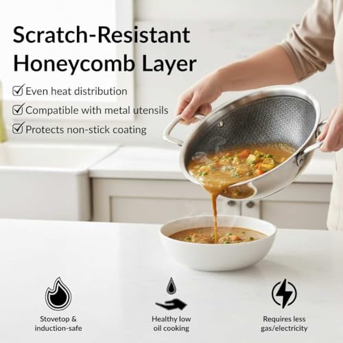 Image of Nestasia Triply Stainless Steel Honeycomb Kadai with Glass Lid 24 cm (3L) - Non Stick Kadhai with Air Vent Lid for Healthy Cooking | Induction & Gas Stove Friendly, Even Heating, Less Oil Use