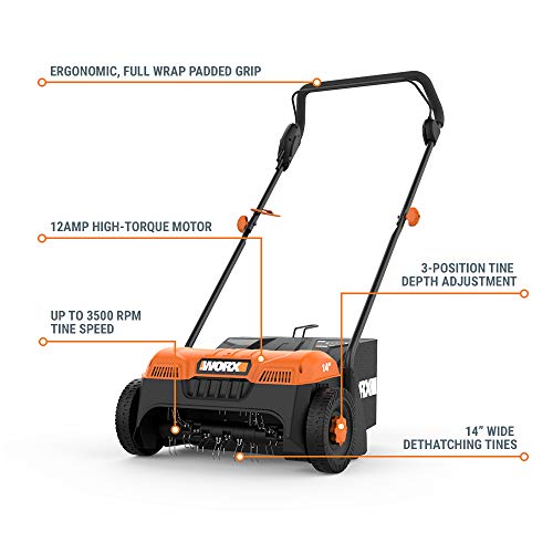 WORX 12 Amp Corded Lawn Dethatcher, Electric Scarifier Removes Deep Thatch & Improves Grass Health, WG850