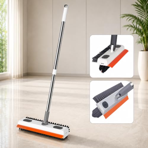Image of Magic Broom Silicone Floor Wiper - Heavy Duty, Durable & Efficient Floor Cleaning Tool Stainless Steel Extendable Big Handle Bathroom and Kitchen Squeegee (Orange 3 in 1 Wiper)