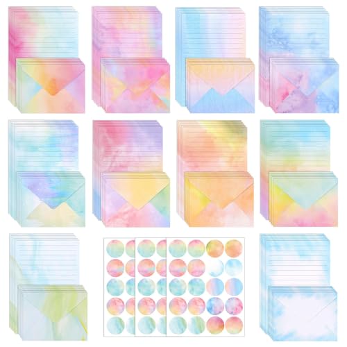 Briefpapier mit Umschlag Set 160 Stück Briefpapier 50 A5 Liniert und 50 Briefumschlägemit 60 Sticker 10 Farben Aquarell Briefpapier Mädchen Briefbogen Schreibpapier für Hochzeitseinladungen Mädchen