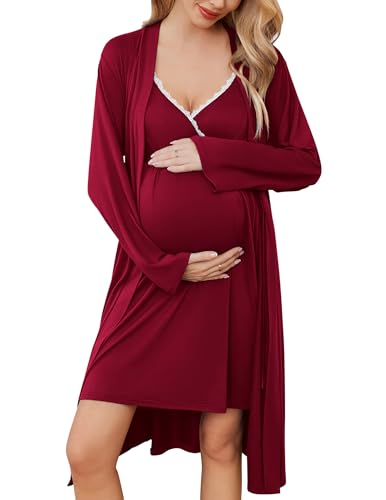 Image of Ekouaer Maternity Nursing Nightgown and Robe Set Delivery Gown Postpartum Pajamas Pregnancy Clothes Wine Red Medium