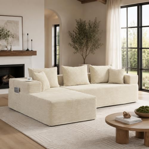 Image of 105'' Modular L-Shaped Boneless Sectional, Corduroy Deep Seat Cloud Sectional Couch, Small Space Sofa for Apartment Living Room Bedroom, No Assembly, Beige