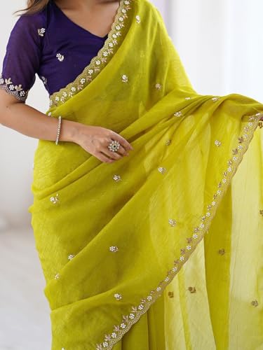 Image of Sidhidata Women's Crunchy Chiffon Embroidered Saree With Handwork Pearl Saree With Embroidered Unstitched Blouse Piece (Crunchy Mustard Mustard Free Size)