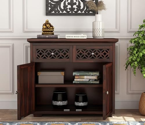 Image of SHIKHA WOOD CRAFT Solid Sheesham Wood Sideboard Cabinet with 2 Drawers and 2 Doors Storage | Wooden Multipurpose Cabinet Storage Furniture for Living Room, Bedroom, Home, and Kitchen (Walnut Finish)