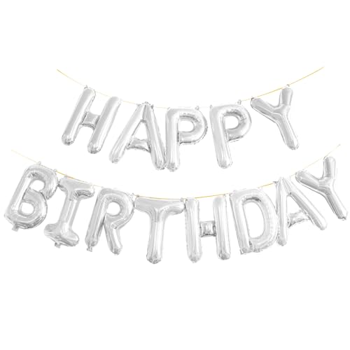 GOER Birthday Party Decorations,16 Inch Cute Silver HAPPY BIRTHDAY Alphabet Letters Foil Balloons with 20 Glue