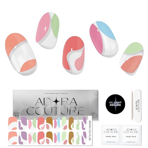 Adora Couture Semi Cured Gel Nail Strips with 20 Pieces, Salon Quality Nail Wraps for Women, Colorful UV Gel Nail Stickers, UV Light Required, Summer Fun