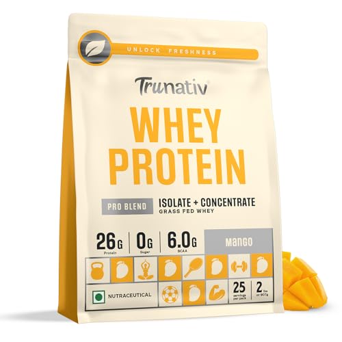 Image of Trunativ Pro Blend Whey Protein Powder Isolate & Concentrate | 100% Light & Clean Protein Powder | 26g Protein | 6g BCAA | 12.52g EAA | No added sugar | Mango 2lbs (907g)