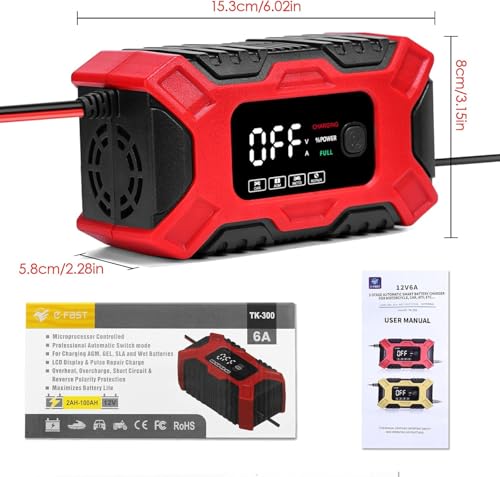 NWOUIIAY Cargador de Batería de Coche 6A 12V Inteligente, con Función de Mantenimiento, Invierno y Verano y Protección Múltiple para Auto Moto y Cortadoras de Césped