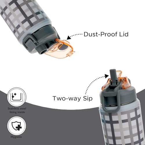 Image of Nayasa Duo-Sip Water Bottle - 730ml | Checkered Design | BPA-Free, Dual Sip Modes | Leak-Proof, Insulated Steel Inner | Great for School, College, Work, Sports | Grey