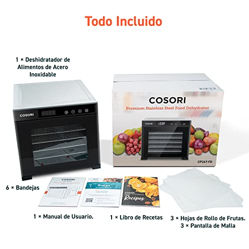 COSORI Deshidratador de Alimentos 35-70C, Deshidratador de Acero Inoxidable con Temporizador de 48 Horas, 6 Bandejas, 3 Rejillas, 3 Alfombrillas y 50 Recetas, Negro, CP267 - FD