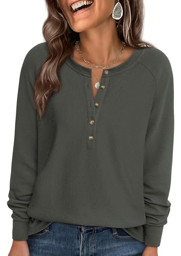 Image of PRETTYGARDEN Women's Long Sleeve Waffle Knit Henley Shirts