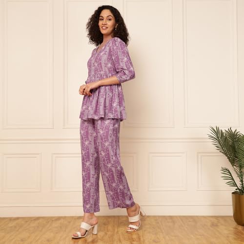 Image of DEEBACO Women's Rayon Peplum Top & Straight Pants Co-Ord Set for Women|Flared Tunic V-Neck & 3 /4 Puff Sleeve Ladies Party Casual Wear Fashionable for Girls Relaxed Fit Cord Set