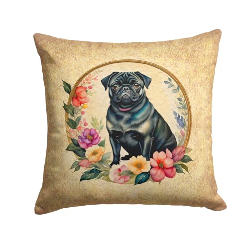 Caroline's Treasures DAC2189PW1414 Black Pug and Flowers Fabric Decorative Pillow Machine Washable, Indoor Outdoor Decorative Pillow for Couch, Bed or Patio, 14Hx14W