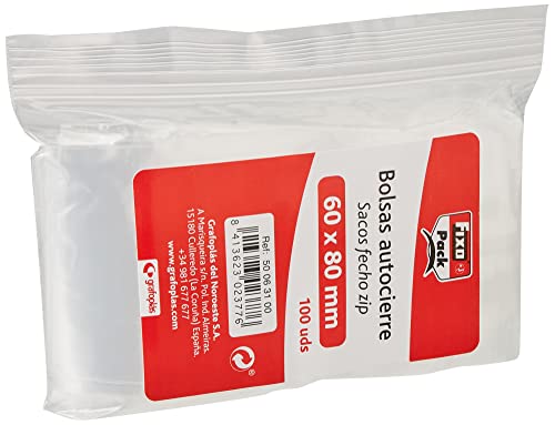 Fixo Pack 50063100－Pack de 100 bolsas de Polietileno, Transparente, con autocierre, 60 x 80 mm