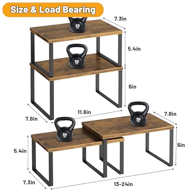 Kitchen Cabinet Organizer Shelf Set of 4, Sturdy Kitchen Counter Shelves with Metal Legs, Stackable Expandable Wood Spice Rack Pantry Cupboard Dish Mug Cup Storage Organizer Shelf, Rustic Brown