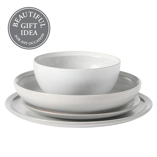 Image of Gibson Elite Beckett Stoneware Matte Reactive Glaze 16 Piece (Service for 4) Plates and Bowls Dinnerware Set - Linen White