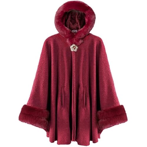 Dahlia Women’s Winter Cape Coat, Luxurious Faux Fur Trim, Fleece Lined Hooded Cloak Style Elegant Poncho Cape