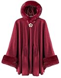 Dahlia Women’s Winter Cape Coat, Luxurious Faux Fur Trim, Fleece Lined Hooded Cloak Style Elegant Poncho Cape, Red Large