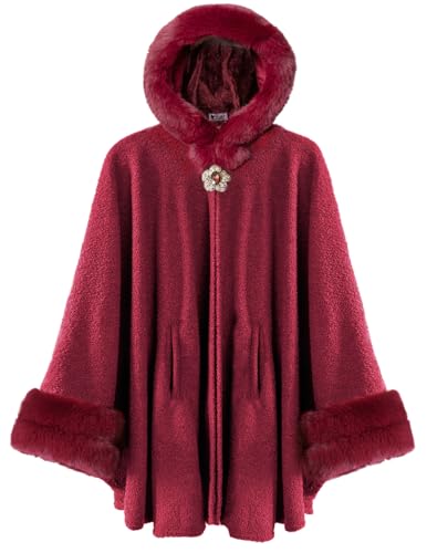 Dahlia Women’s Winter Cape Coat, Luxurious Faux Fur Trim, Fleece Lined Hooded Cloak Style Elegant Poncho Cape, Red Large