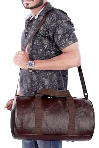 Image of Treggo Set of 2 Brown Leather Duffel Bags: Large Cylindrical Travel & Gym Bag Combo - Durable Weekender Overnight Carry-on Set with Shoulder Straps