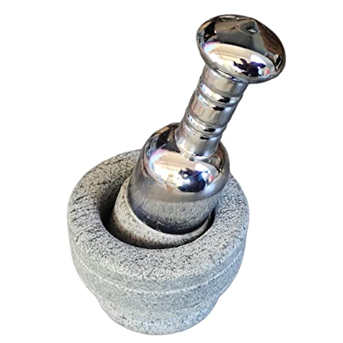 Image of EZAHK Mortar and Pestle Set with Stainless Steel Handle Bowl Type Natural Stone Grinder for Herbs and Spices Grey (Width 10cm x Height 7.5cm)