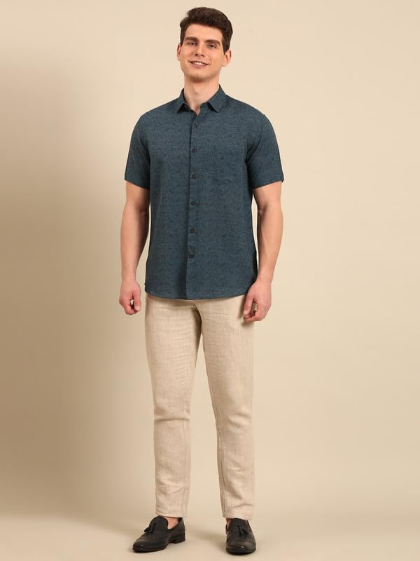 Image of Linen Club Men's Linen Rich Printed Contemporary Fit Half Sleeve Casual Shirt