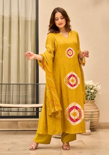Image of Nermosa Women Viscose Kurta Pant Dupatta Set | Summer Friendly Ethnic Suit Set for Women | V-Neck Printed Kurti with Matching Pants & Dupatta | Casual & Office Wear