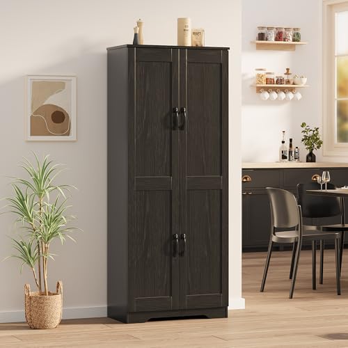 Garvee Tall Pantry Cabinet, 60" Kitchen Storage Cabinet with 2 Doors & Adjustable Shelves, Freestanding Wooden Cupboard for Bathroom,Dining Room, Li
