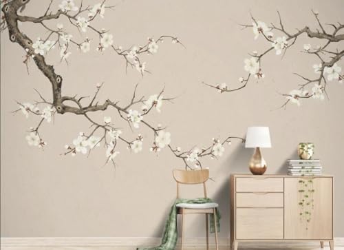 Fleurs de prunier blanches papier peint 3D intissé grand arbre