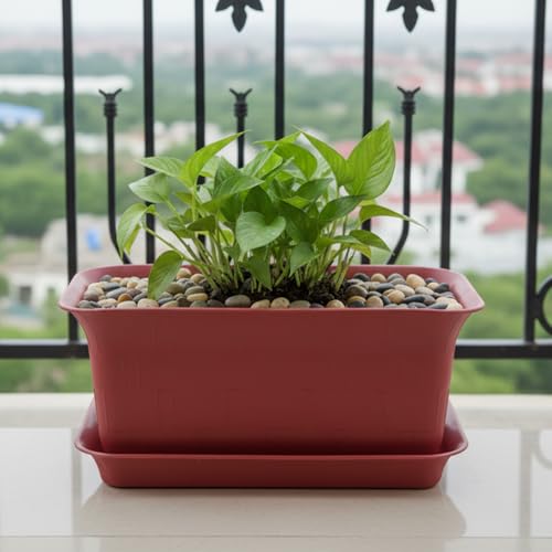 Image of GARDENS NEED 12-16-20 Inches Window Rectangle Flower Pot with Tray | Set of 3 | Brown | Plastic Planter Pots for Indoor & Outdoor Home, Office & Balcony Decoration