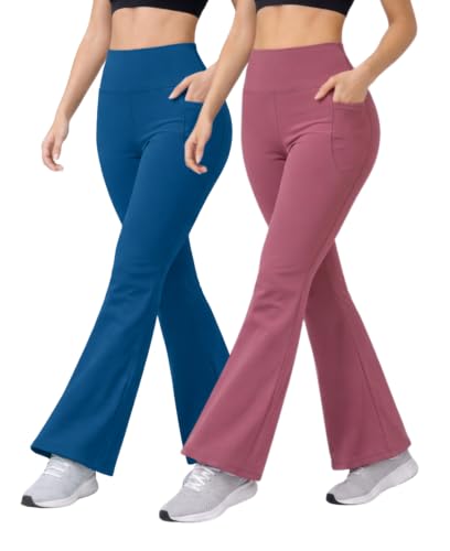 Image of Women's High Waist Bootcut Yoga Pants with Side Pockets | Flared Gym Leggings for Women | Stretchable Workout Bell Bottom Tights for Yoga, Gym, Running & Casual Wear Pack of 2