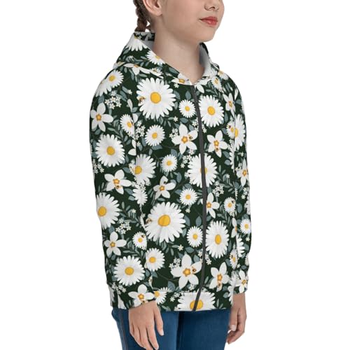 White Daisies and Bee Kid Hoodies Boys Zip Up Sweatshirts Girls Pullover with Pocket4