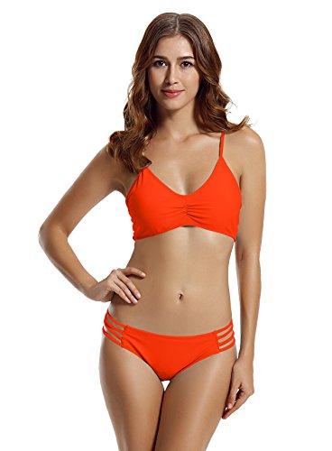zeraca Women's Strap Side Bottom Halter Racerback Bikini Bathing Suits (FBA) (M10, Neon Orange)