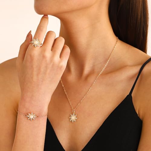 Dopamine Opal Sun Necklace Bracelet with Ring Set Shining Crystal Sunflower Pendant Jewelry Set 3pcs Sun Flower Jewelry2