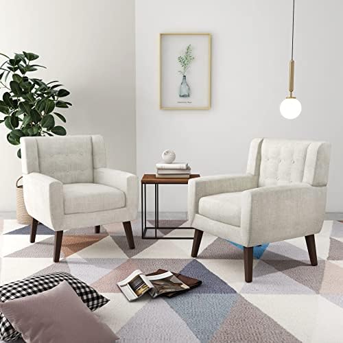 UIXE Comfy Arm Accent Chairs Set of 2, Mid Century Modern Armchair Living Room Sofa Chair with Wooden Legs for Bedroom, Linen Fabric Button Tufted Upholstered Reading Chair for Home Office (Beige)