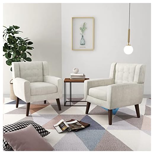 UIXE Comfy Arm Accent Chairs Set of 2, Mid Century Modern Armchair Living Room Sofa Chair with Wooden Legs for Bedroom, Linen Fabric Button Tufted Upholstered Reading Chair for Home Office (Beige)