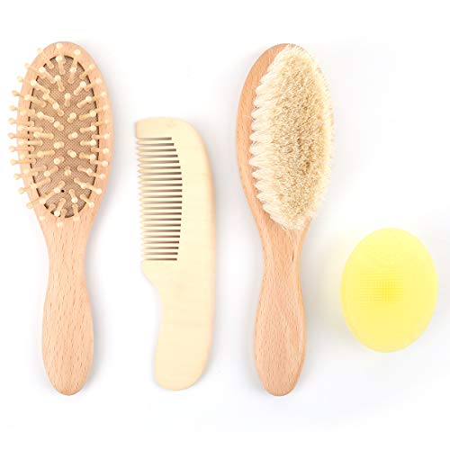 Lawei - Juego de 4 cepillos y peines para bebé de madera natural con cerdas de cabra suaves para cascabel, perfecto para bebés recién nacidos y niños