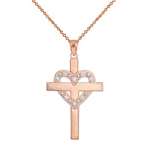 14K Rose Gold 1/20 Cttw Diamond Studded Heart Cross Pendant Necklace with Rolo Chain (G-H Color, SI1-SI2 Clarity) - Choice of Necklace Length