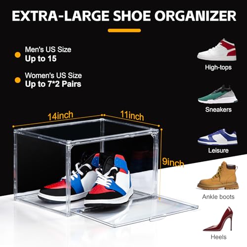 Image of NYZE 12 Pack Acrylic Shoe Boxes Side Open, Clear Shoe Box Plastic Stackable, Shoe Storage Organizer with Magnetic Door, Shoe Display Shoe Containers with Lids Fits Up to Size 15